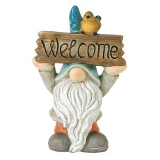 ガーデンノーム 小鳥とウェルカムボードを持ったノーム ブルーハット Ｓサイズ商品イメージ01